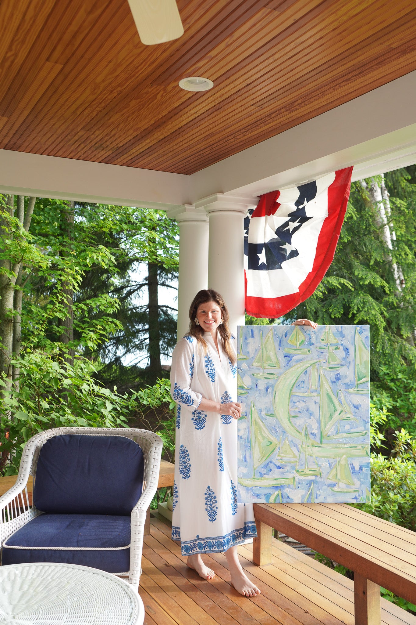 Abstract painting titled Walloon featuring sailboats on Walloon Lake, Michigan, with soft blues and greens, capturing the serene beauty of lakeside summer living.