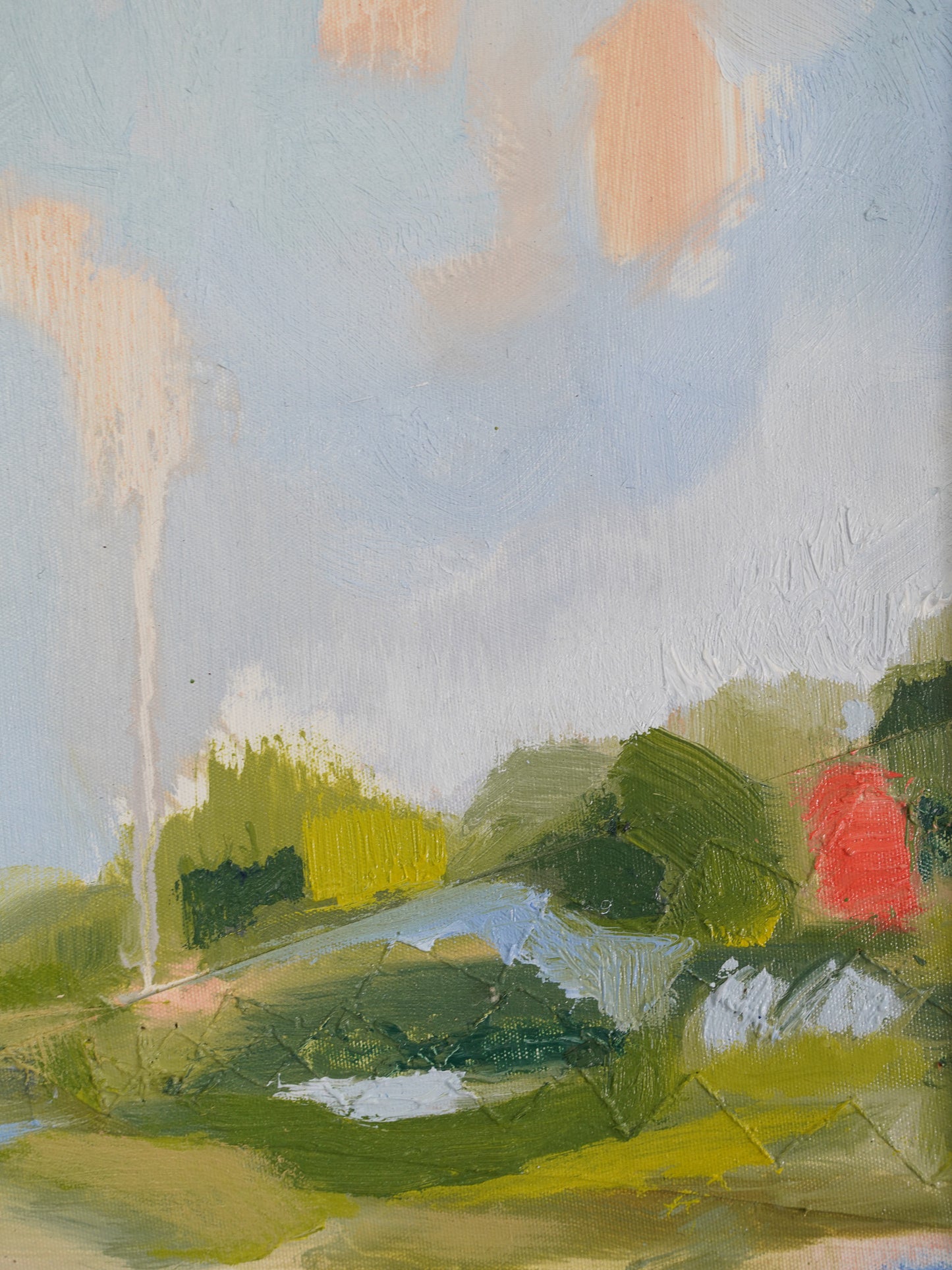 An impressionistic landscape painting featuring a pale blue sky, green fields and trees, a winding light blue river, and a small bright red structure on the right.