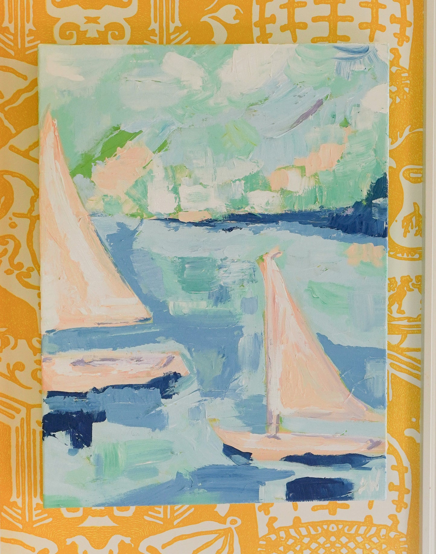 Abstract painting titled Hessel featuring sailboats on calm waters in soft blue, cream, and green tones, evoking a sense of tranquility and relaxation.