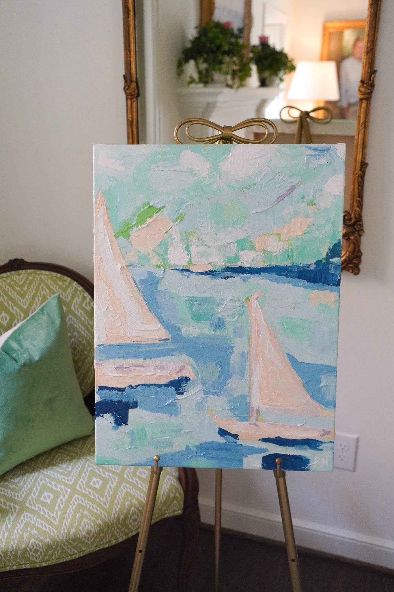 Abstract painting titled Hessel featuring sailboats on calm waters in soft blue, cream, and green tones, evoking a sense of tranquility and relaxation.