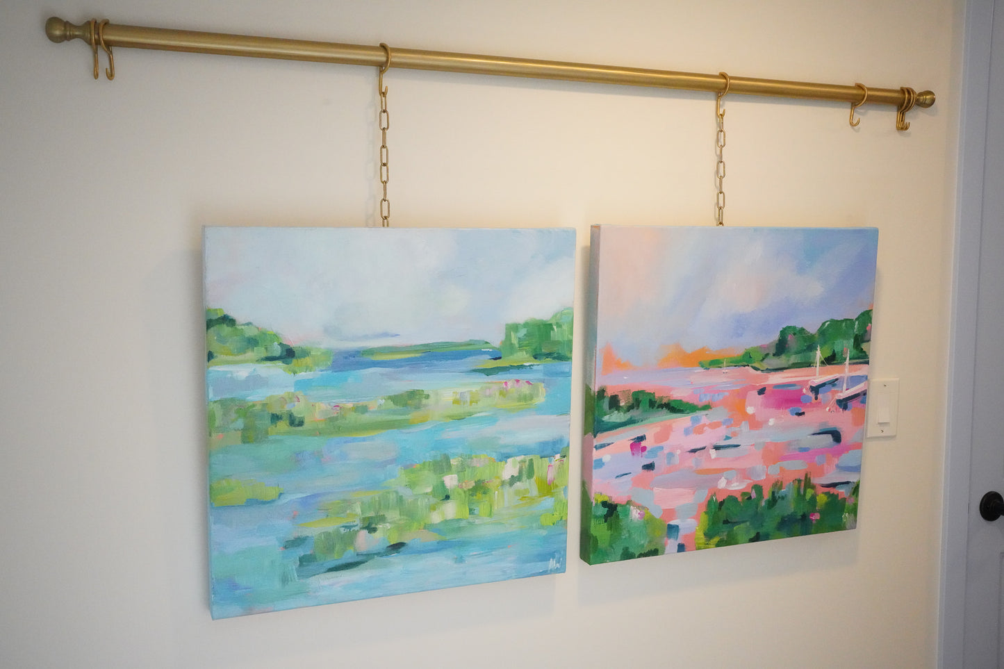 Abstract painting titled The Point featuring a serene waterway and lush greenery with soft blues, greens, and hints of pink, inspired by Michigan’s natural landscapes.