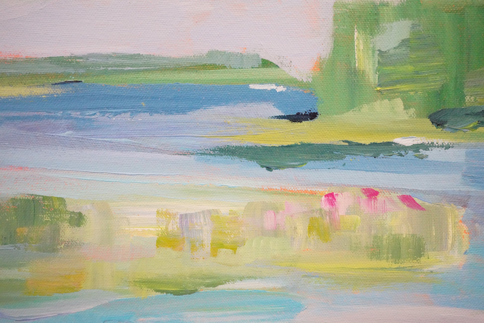 Abstract painting titled The Point featuring a serene waterway and lush greenery with soft blues, greens, and hints of pink, inspired by Michigan’s natural landscapes.