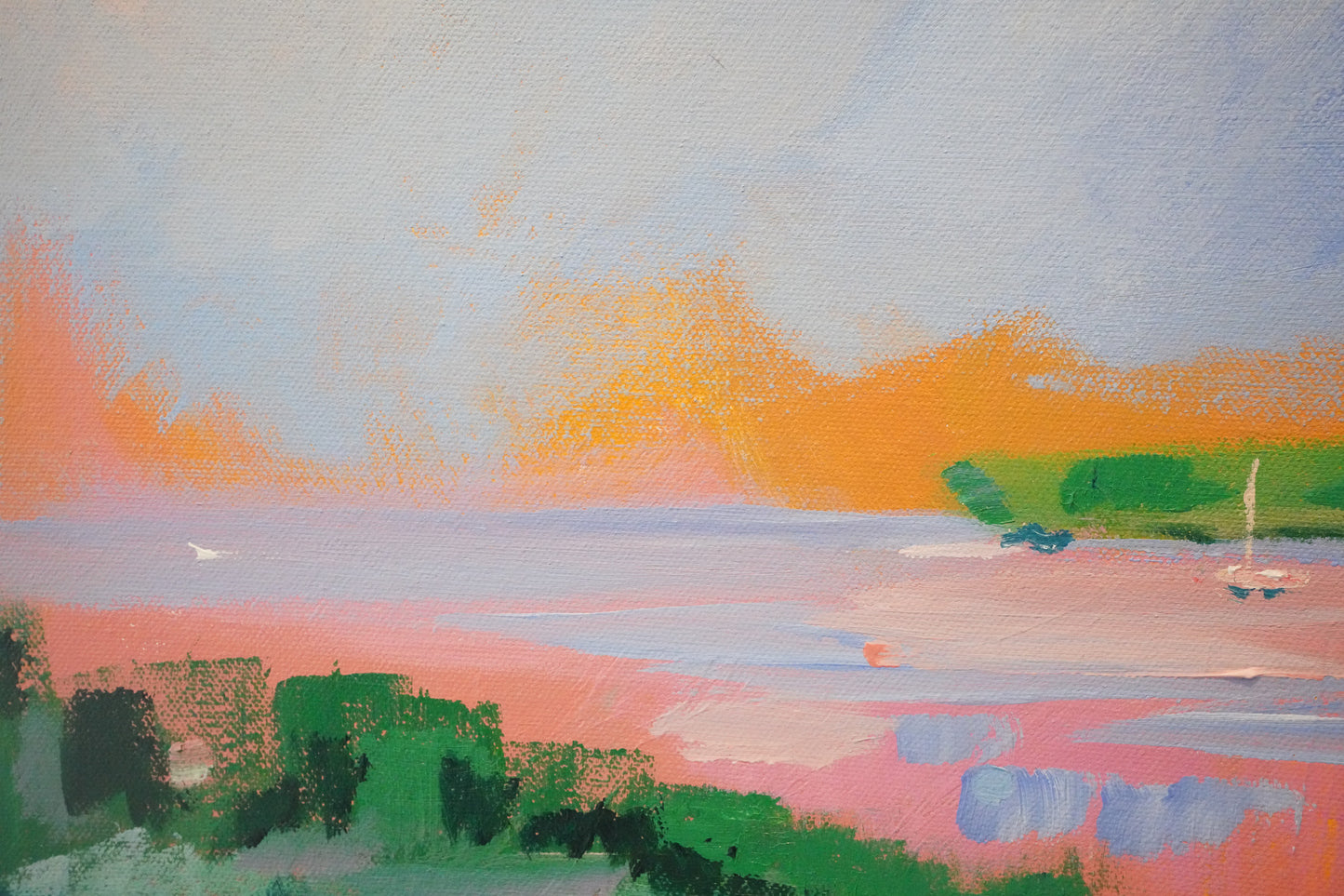 Abstract painting titled The Cape inspired by Northern Michigan at golden hour, featuring vibrant pinks, greens, and blues depicting a lakeside scene at sunset.