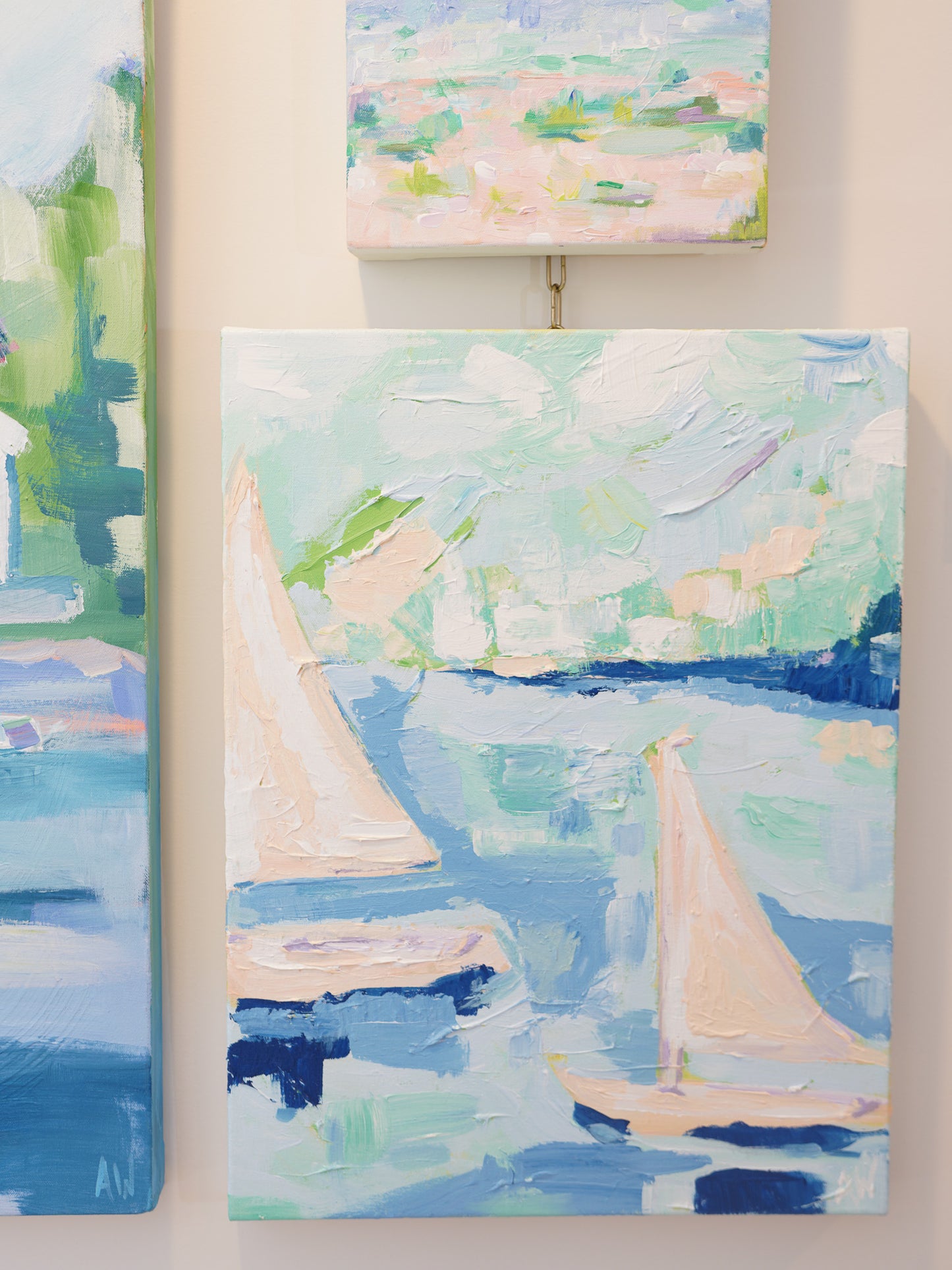 Abstract painting titled Hessel featuring sailboats on calm waters in soft blue, cream, and green tones, evoking a sense of tranquility and relaxation.