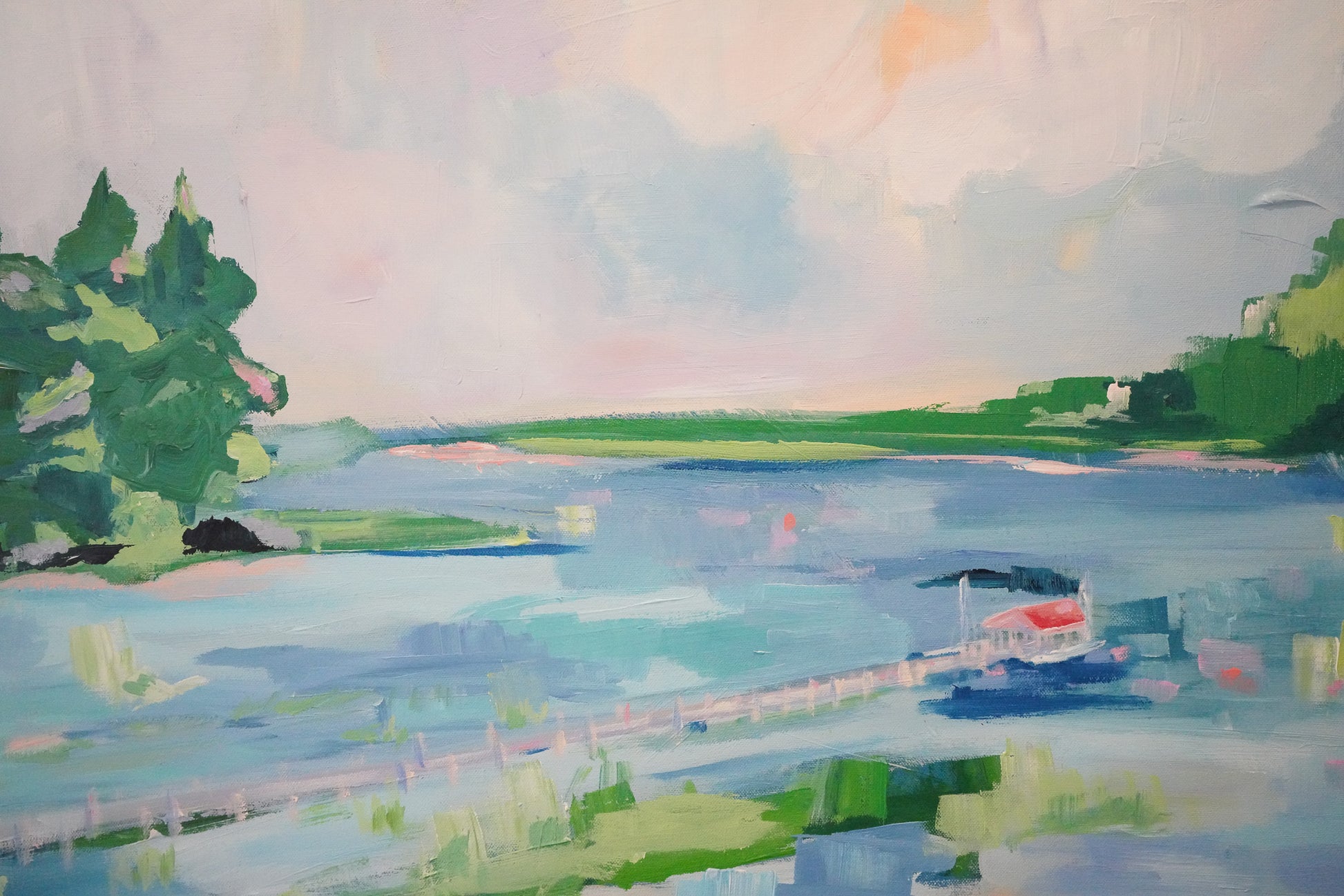 A large acrylic painting inspired by northern Michigan. Loose painting style with quick strokes and vibrant colors. A small dock and boathouse are depicted. Blues, greens and pale pinks are the main colors. 