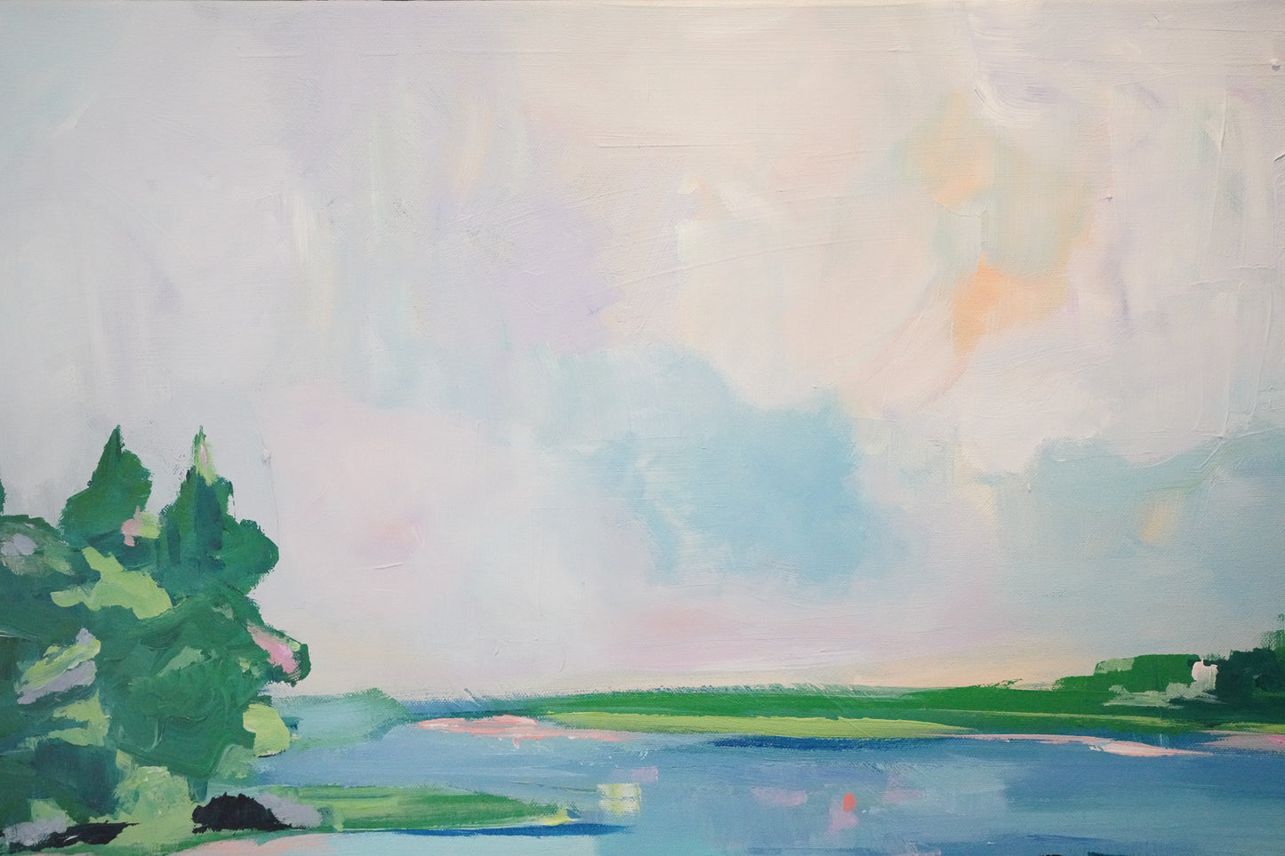 A large acrylic painting inspired by northern Michigan. Loose painting style with quick strokes and vibrant colors. This photo focuses on the puffy clouds in the sky, colored in peaches and blues. 