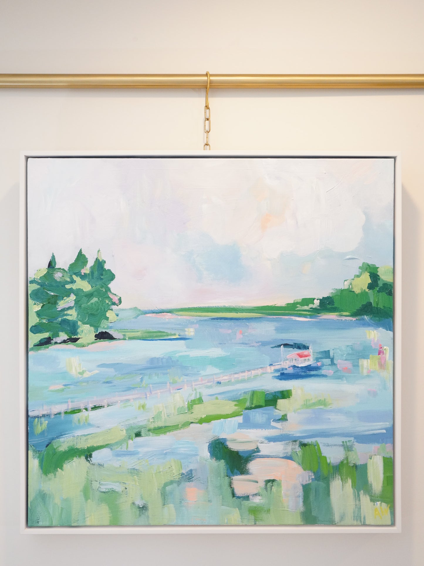 A large acrylic painting inspired by northern Michigan. Loose painting style with quick strokes and vibrant colors. A small dock and boathouse are depicted. Blues, greens and pale pinks are the main colors. 