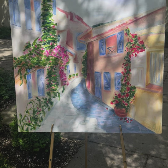 Video showing a painting inspired by Grimaud, France. Dappled sunlight across the painting.